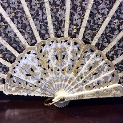 Hand Fan - Delightfully Delicate - Plastic / Lucite with Lace & Gold & Silver Decoration - Made In Spain - Image 2