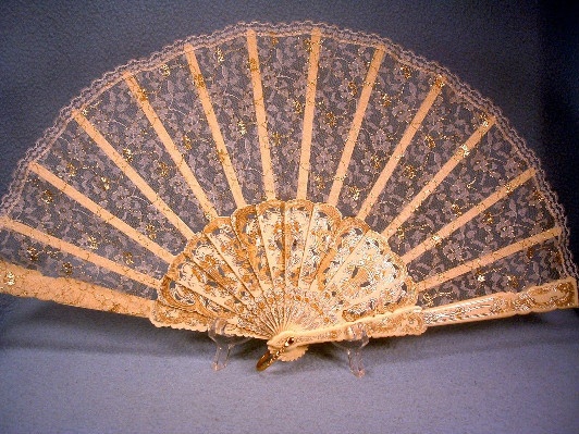 Hand Fan - Delightfully Delicate - Plastic / Lucite with Lace & Gold & Silver Decoration - Made In Spain
