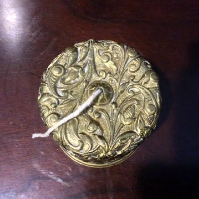 Embossed - Floral - Brass String Holder w/ Crescent & Arrow Mark - Antique Victorian