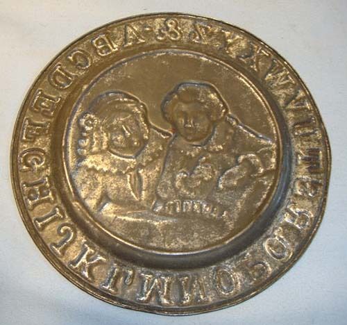 Tin Alphabet Plate w/ 2 Women Sewing - c. 1890 - Small Child's - Image 2